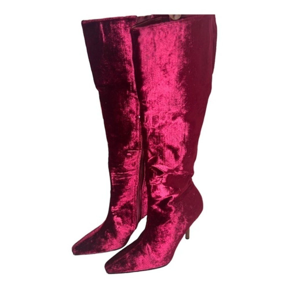 Colin Stuart Red Velvet Leather Mid Calf Pointed Toe Heel Boots Size 7M - Picture 16 of 16